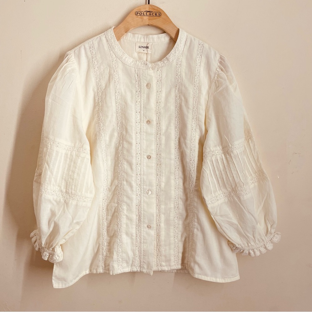 Sommer White Eyelet Lace Cotton Blouse Puff Sleeve  M